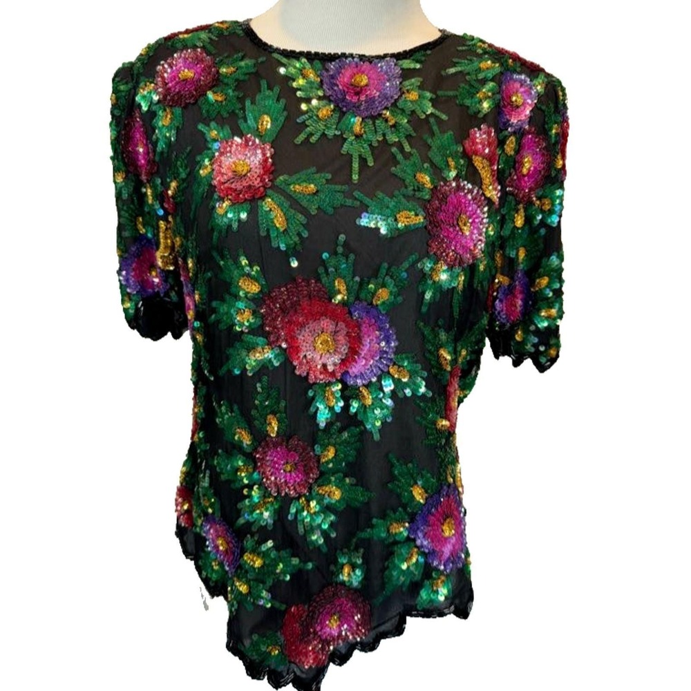 Laurence Kazar Beaded Top Womens‎ Size PM Silk Floral Vintage Zip Up - Picture 3 of 15